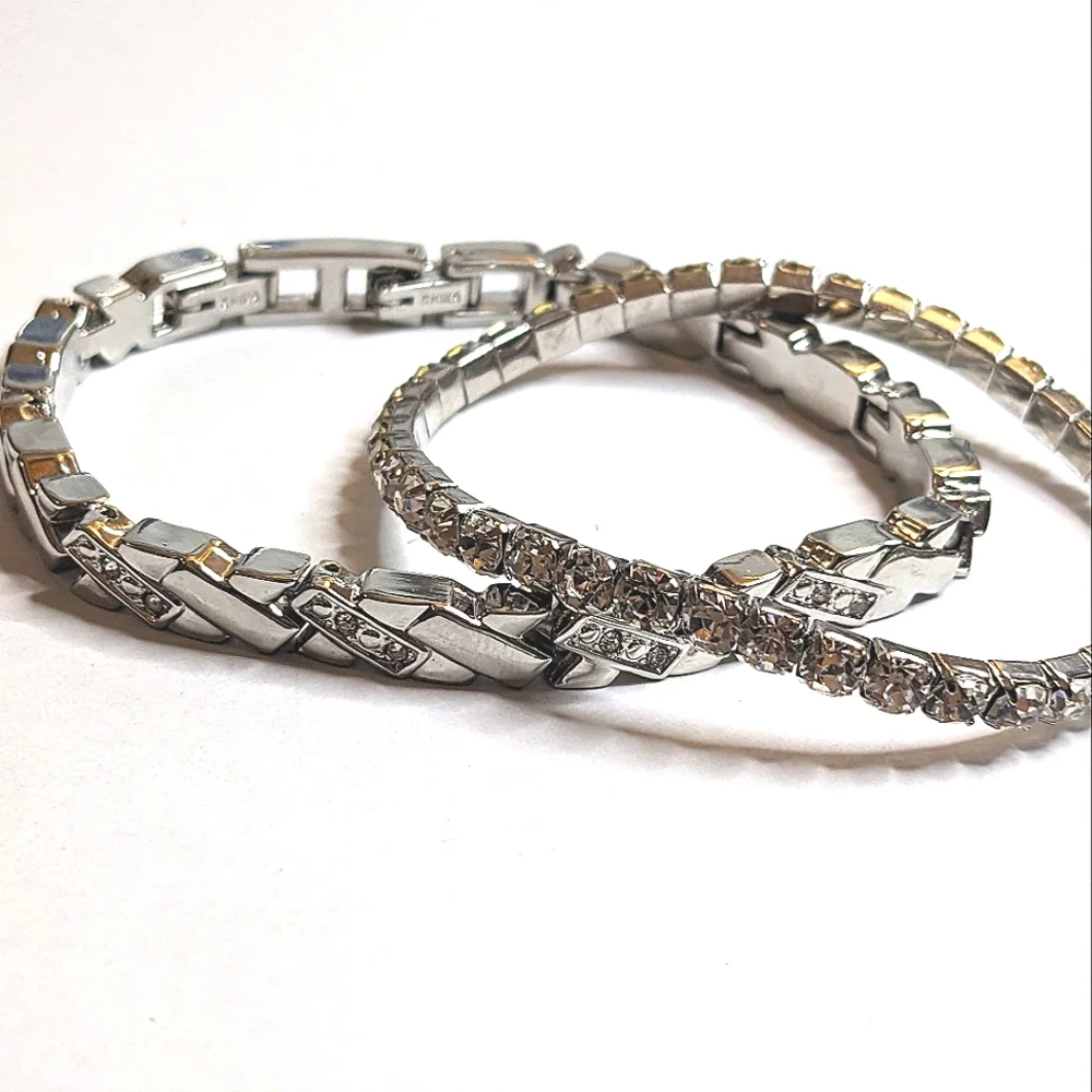 Silver-Tone‎ Rhinestone Bracelet Stretch & Metal Rhinestone Bracelet Set